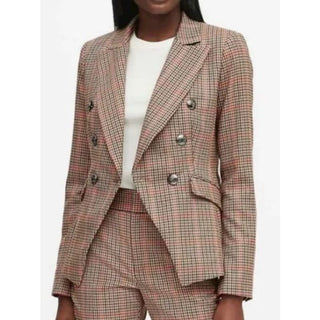 Banana Republic Houndstooth Double Breasted Cadet Plaid Blazer Brown Women US 0