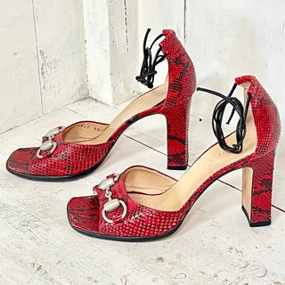 Gucci Horse Bit Snakeskin Leather Slip On Ankle Strap Heeled Sandals Red Women 6