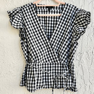 J. Crew Flutter Sleeve Gingham Wrap V Neck Top Blouse White Black Women's Sz 12