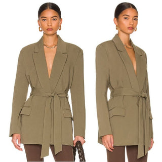 NWT Bardot Long Sleeve Notch Lapel Belted Waist Blazer Khaki Women's Size Medium