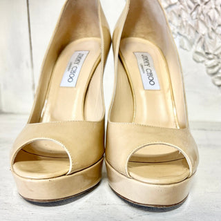 Jimmy Choo Crown Patent Leather Peep Toe Platform Pump Nude Womens Size 38.5 / 8