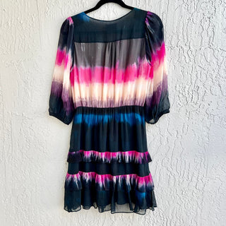 Tanya Taylor Valeria Tie-Dye Silk Tiered Ruffle Faux Wrap Dress Black/Pink US 2