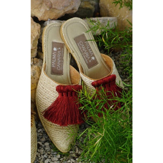 Palma Canaria Fringe Slip On Almond Toe Flat Slipper Mules Beige/Red Women's 39