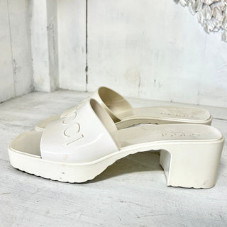 Gucci Embossed Logo Gloss Rubber Slide Heeled Mule Sandals Off-White Women 38