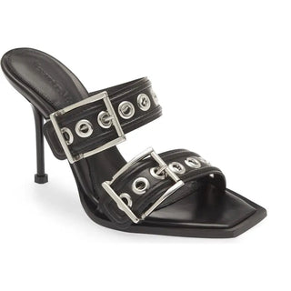 Alexander McQueen Leather Punk Double Buckle Slide Sandals Black Women's EU 41