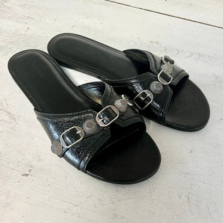 Balenciaga Cagole Arena Lambskin Slip On Open Toe Flat Sandals Black Women's 37