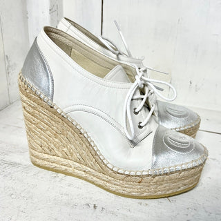 NWOT Gucci Pilar Leather Platform Wedge Heel Espadrilles White/Silver 36 / 5.5