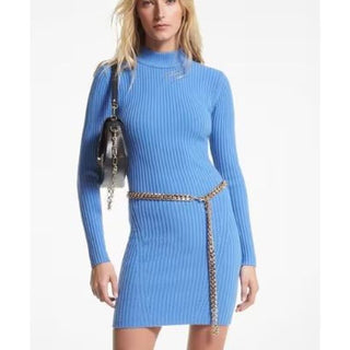 NWT Michael Kors Long Sleeve Ribbed Knit Crew Neck Mini Dress Blue Women's Small