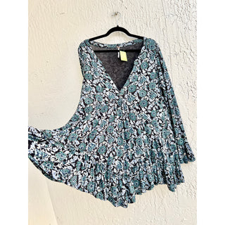 Free People Flare Sleeve Floral Print Ruffle Olivia Top Black Green Women's XS