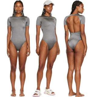 Balenciaga Short Sleeve Crew Neck Open Back One-Piece Swimsuit Silver Women's XS