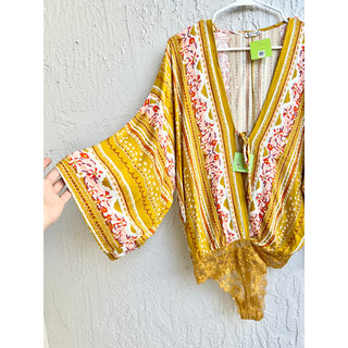 Free People Intimately For You Floral Lace Bodysuit Mustard Yellow Women's XS