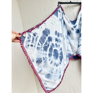 Natural Life Give.Love Laugh Tie Dye Rectangular Scarf with Pompom Blue/White