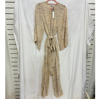 NWT Olivaceous Polka Dot 3/4 Sleeve Tie Waist Jumpsuit Beige/Black Womens Size M