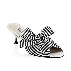Prada Stripe Slip On Kitten Heel Mules With Large Bow White Black Women's EU 36.5