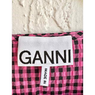 $400 Ganni Shirred Gingham Seersucker V-Neck Midi Dress Pink/Black Sz 36 / US 10