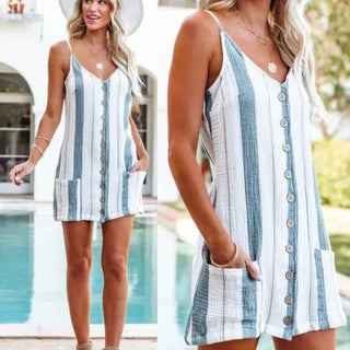 Ocean Drive Sleeveless Striped V-Neck Mini Dress White Blue Women's Size Small