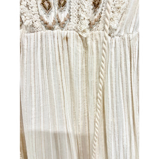 NJ Couture Embroidered Striped Tassel Tiered Ruffle Maxi Dress Cream Beige S / M