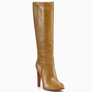 Tory Burch Kasey Leather Side Zip Stacked Heel Knee High Boots Tan Women's 8.5