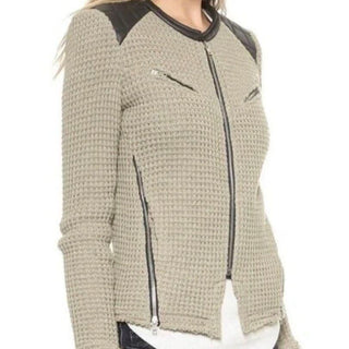 Iro Long Sleeve Ceylona Knit Leather Trim Zip Up Jacket Gray Women's FR 38 /US 6