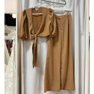 Pretty Lavish Jamie Crop Tie Knot Blouse & Wide Leg Trouser Pants Set Tan US 4