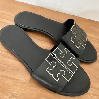 Tory Burch Double T Logo Sport Slide Flat Sandal Black Leather Women's Size 8