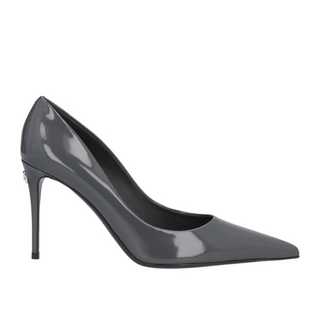 Dolce and Gabbana Lollo Polished Calfskin Leather Pointed Toe Heel Pumps Gray 41