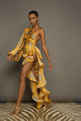 NWT Bronx & Banco Hanna Floral One Shoulder Ruffle Trim Maxi Dress Yellow Small
