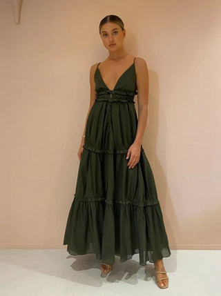 Joslin Studio Liana 2.0 Linen Sleeveless Tiered Maxi Dress Forest Women's US 2