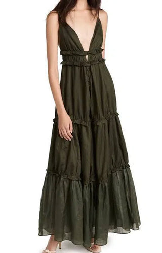 Joslin Studio Liana 2.0 Linen Sleeveless Tiered Maxi Dress Forest Women's US 2