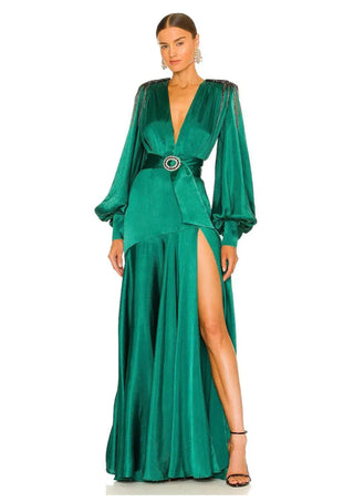 Bronx and Banco Carmen Silk Pleated Embellished Gown Emerald Green Womens M