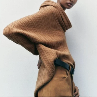 Zara Dolman Sleeve Cowl Neck Ribbed Oversized Pullover Sweater Toffee Camel Med