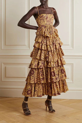 Ulla Johnson Avery Tiered Printed Cotton-Poplin Maxi Dress Yellow Brown Womens 2