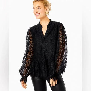 Lilly Pulitzer Jacelynne Long Sleeve Delicate Lace Blouse Black Women's Size M