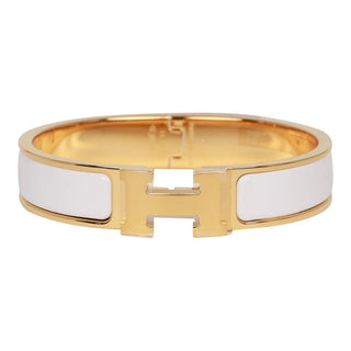 Hermès Clic Clac H Narrow Enamel Cuff Bangle Bracelet Gold/White with Pouch