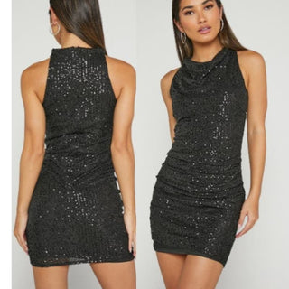 NWT Showpo High Neck Sequin Asymmetrical Hem Amirah Mini Dress Black Women Sz 2