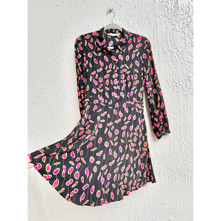 Diane Von Furstenberg Chrissie Silk Blend Long Sleeve  A-Line Dress Black/Pink S