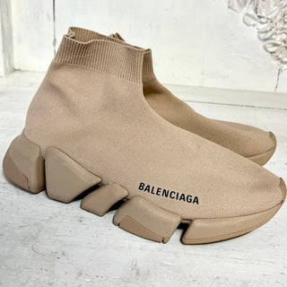 Balenciaga Speed 2.0 Graffiti 3D Recycled Knit Runner Sneakers Beige Women's 7