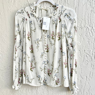 For Love & Lemons Silk Blend Floral Long Sleeve Peasant Blouse White Size XS / S