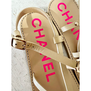 Chanel Interlocking CC Logo Leather Slip On Strappy Sandals Beige Women's 36.5