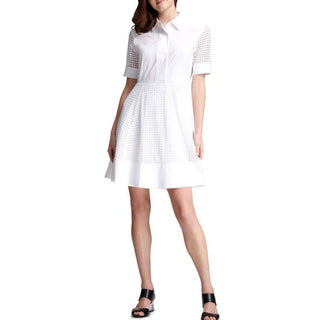 DKNY Short Sleeve Semi Sheer Lace A-Line Mini Shirt Dress White Women's Size 2