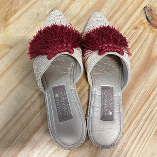 Palma Canaria Fringe Slip On Almond Toe Flat Slipper Mules Beige/Red Women's 39