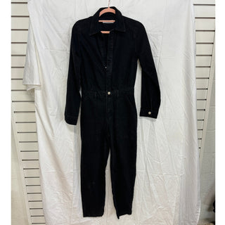 Mango Long Sleeve Button Front Straight Leg Denim Jumpsuit Black Women's Size XS