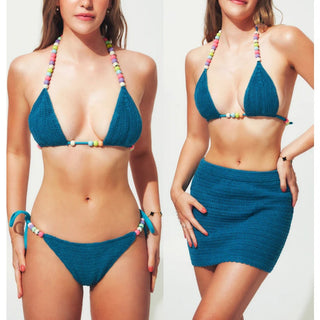 NWT Eunoia Crochet Bikini Top, Bikini Bottom and Mini Skirt Set Hyacinth Size S