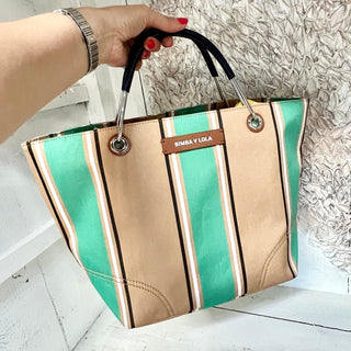 NWOT Bimba Y Lola Canopy Canvas Striped Medium Tote Handbag Green/Tan