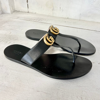 Gucci Leather Embellished Double G GG Slip On Thong Flat Sandals Black Women 39