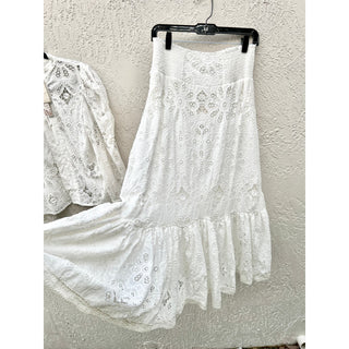 NWT Especia Eyelet Button Front Top&Smocked Waist Skirt Set White Women's Size M