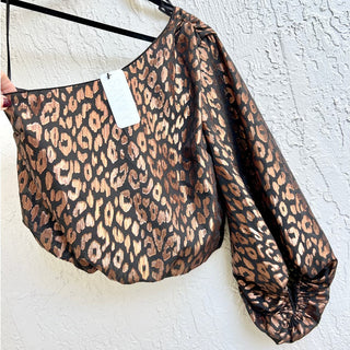 NWT DO+BE One Shoulder Leopard Print Crop Top Metallic Brown Black Women's Small