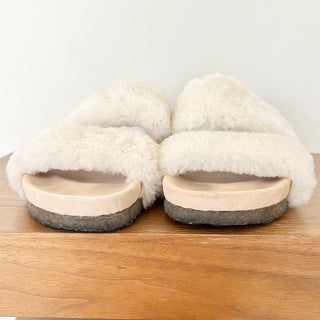 Tory Burch Sheldon Slip On Shearling Two Band Slide Sandals Natural Women's 8.5