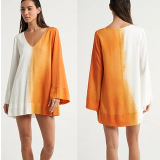 NWT SIGAL Two-Tone Long Sleeve V-Neck Mini Trapeze Coverup Dress Naranja Women M