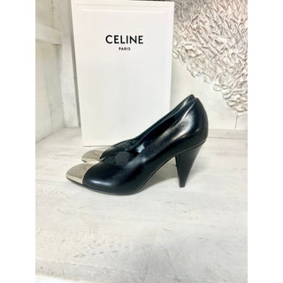 NIB $1.200 Celine Triangle Heel Metallic Toe Leather Pump Black Women's Sz 35.5